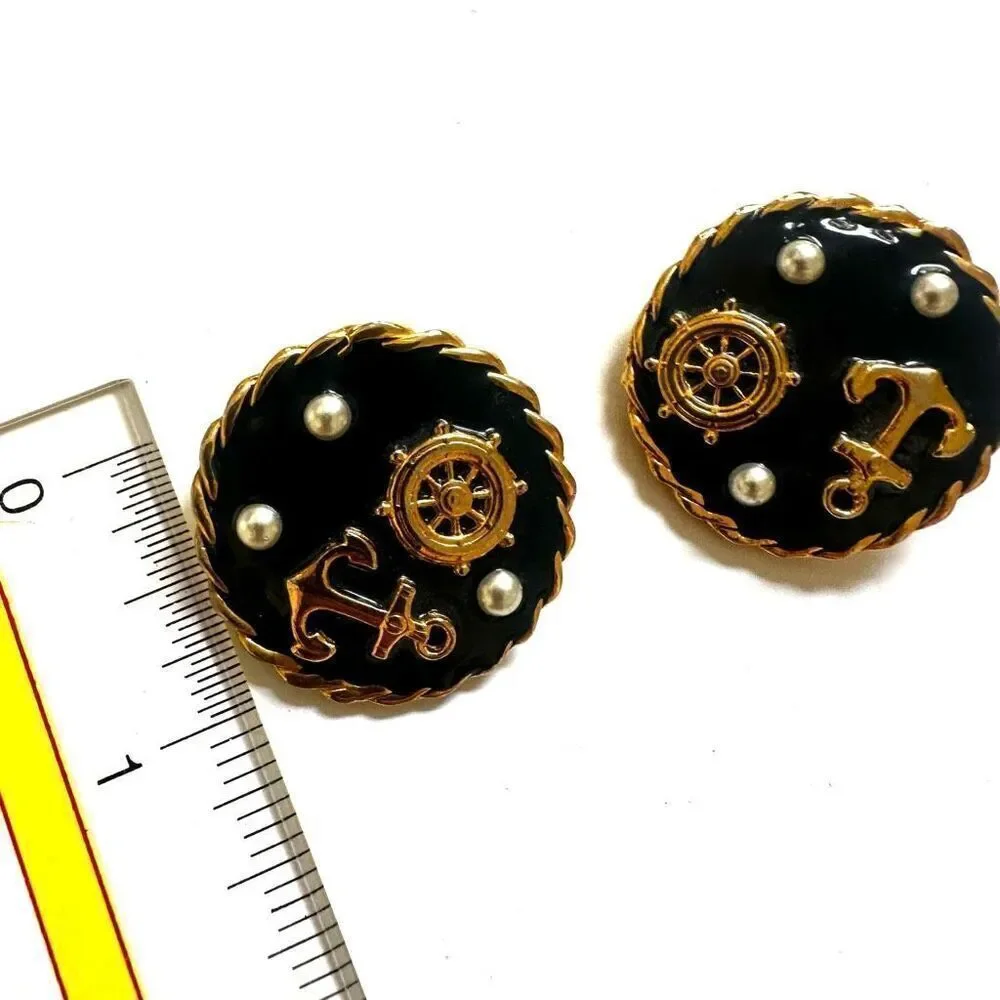 Navy round nautical western clip on vintage earrings